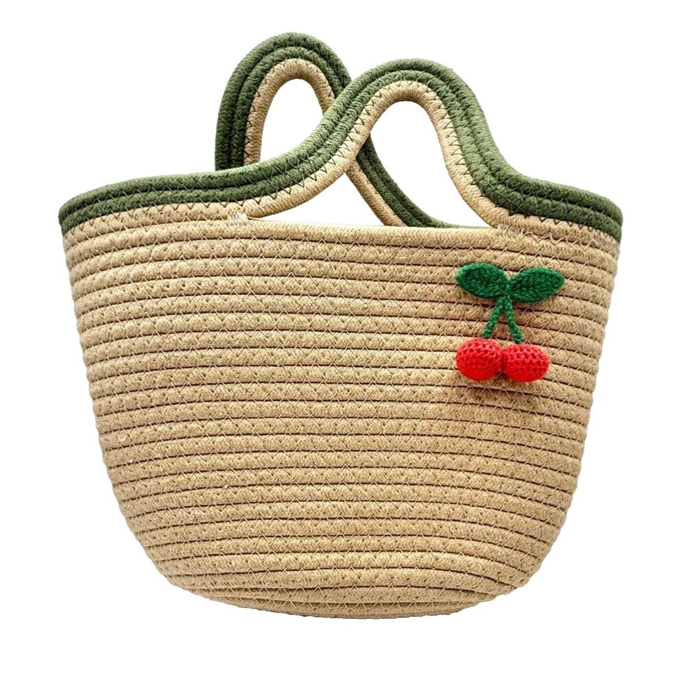 Cotton Handwoven Small Cherry Tote Bag Crochet Tan Green Coastal Cottagecore New - Picture 2 of 7